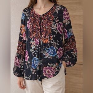Daniel Rainn XXL Black Floral Boho Peasant Blouse Sheer Long Sleeve Tassel Tie